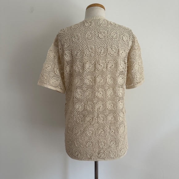 Vintage 1970s Hand Crocheted Open Knit Button Front Short Sleeve Cardigan Top M? - Picture 10 of 12